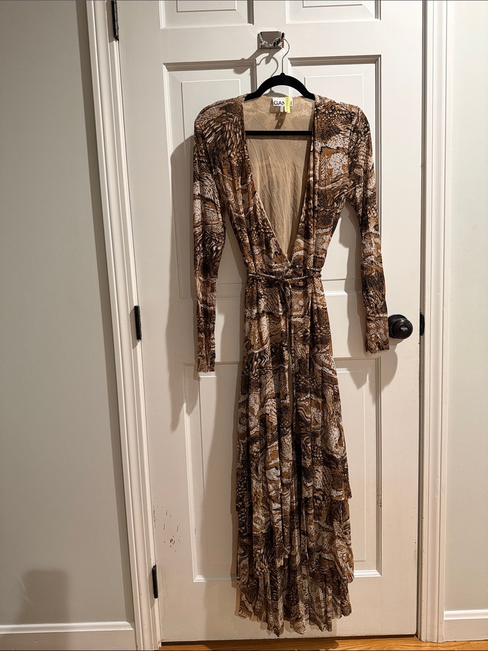 Ganni Brown Patterned Deep V Wrap Maxi Dress